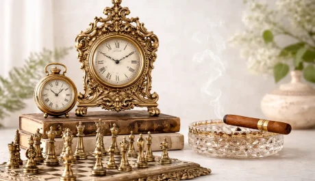 Antique clock and chess set display