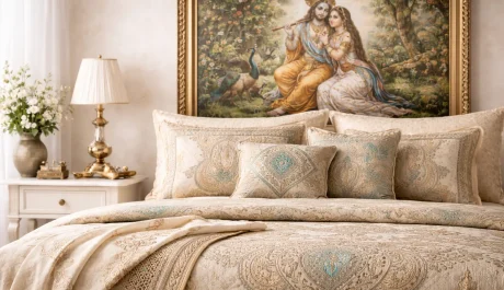 Elegant bedroom with Indian artwork